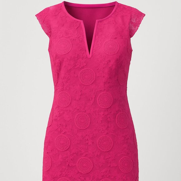 ADRIANNA PAPELL Eyelet Boho Overlay Fuchsia Dress - Picture 3 of 13